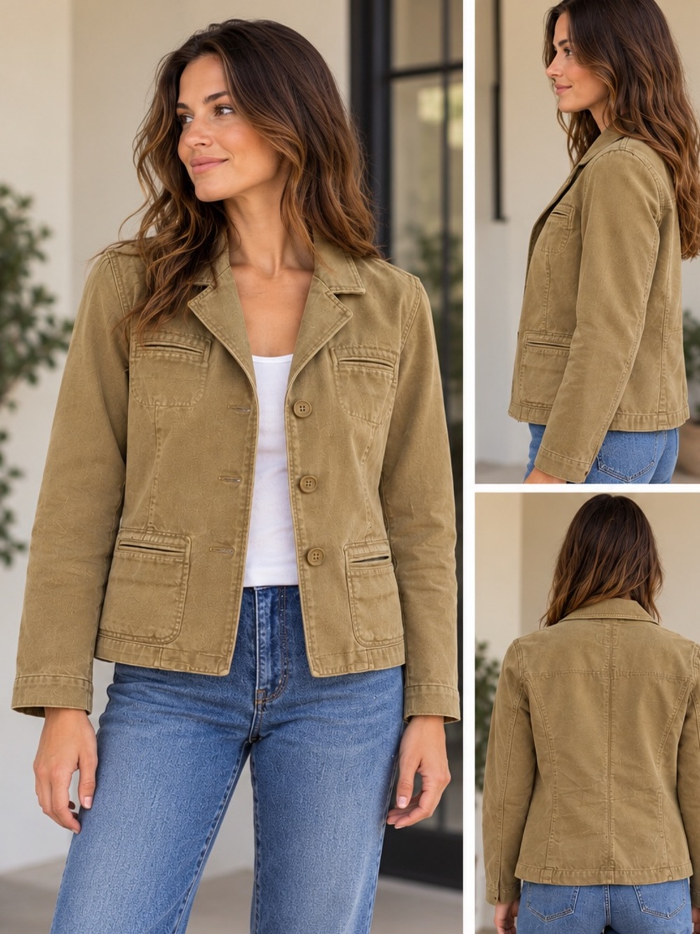 American Eagle Women’s Medium Khaki Cotton Utility Blazer Jacket Tan
